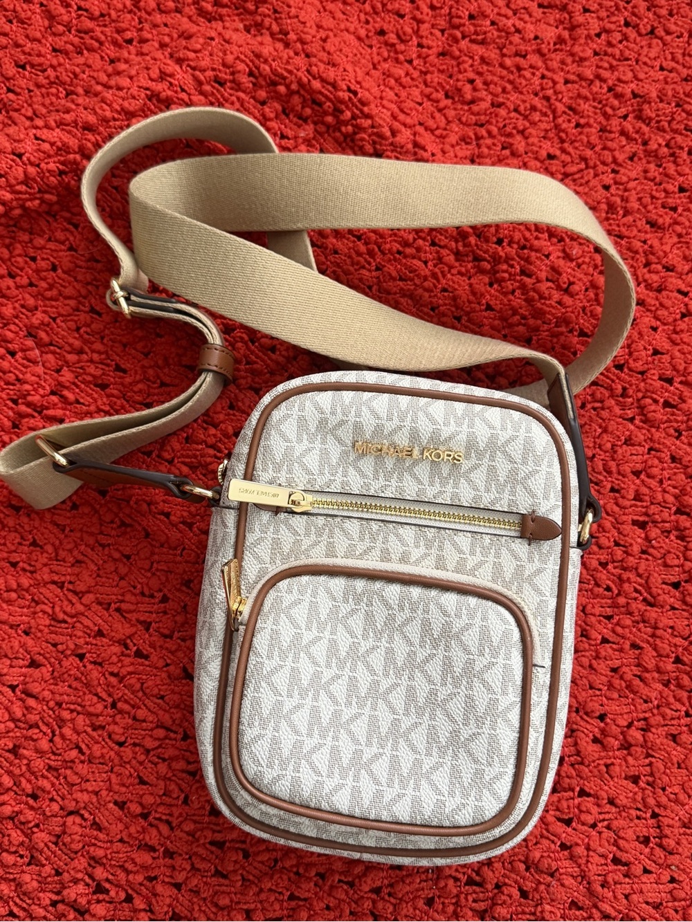 Michael Kors Cream Signature MK Monogram Crossbody with Tan Trim
